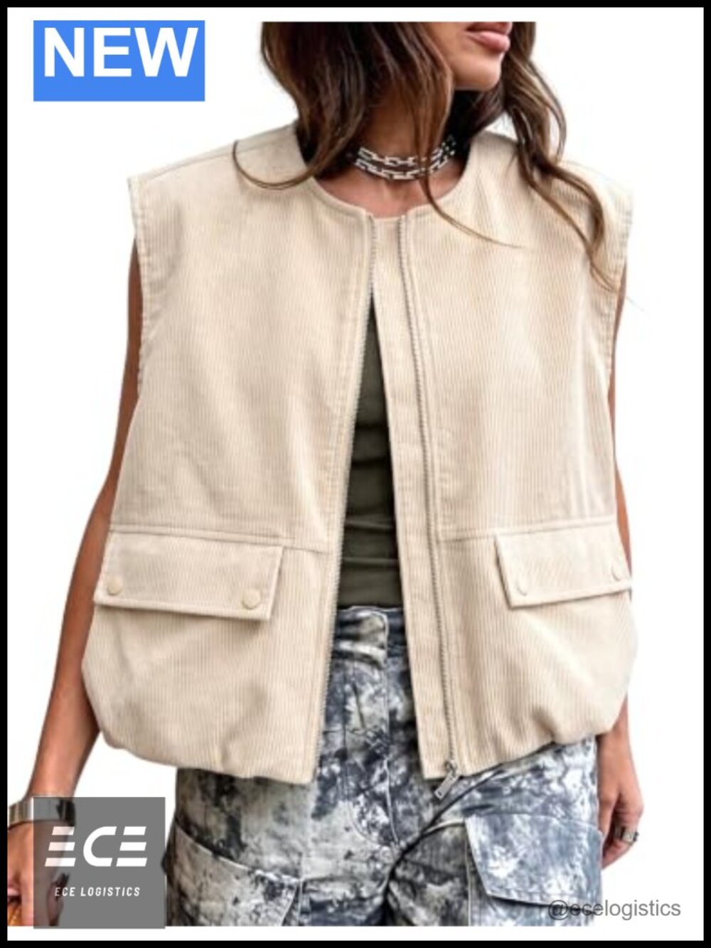 Corduroy Zip Up Cropped Vest Oversized Ruched Hem Sleeveless Jacket